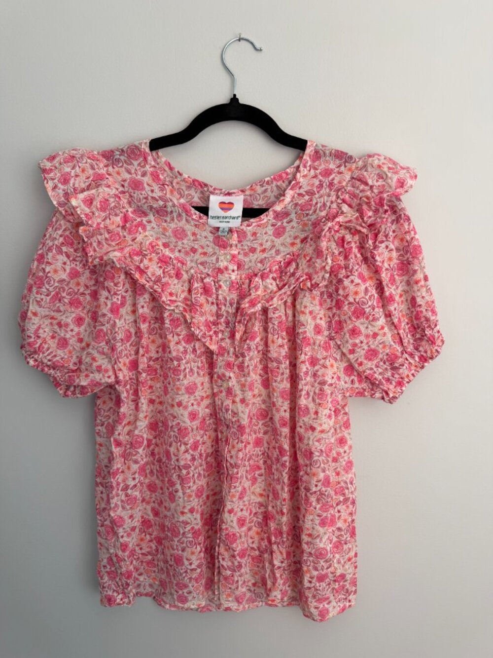 Hester & Orchard Pink Floral Ruffle Button Up Blouse 100% Cotton Feminine - Picture 3 of 11